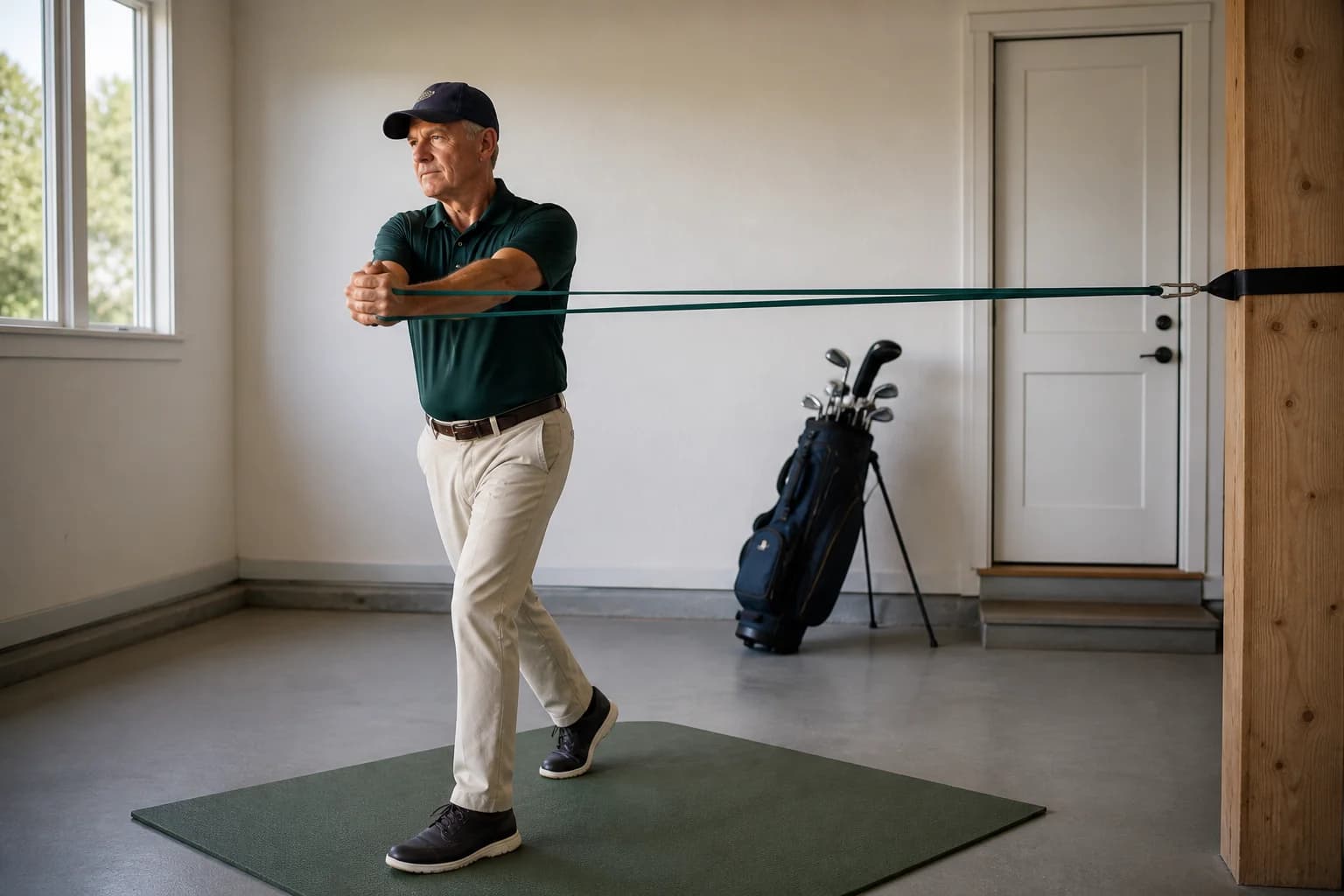 A golfer doing a standing resistance-band turn at home.