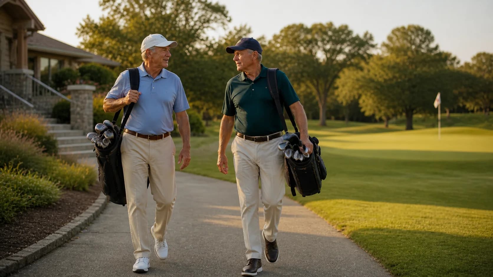 Two golfers walking together on the course.
